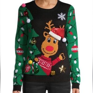 NO BOUNDARIES REINDEER JINGLE BELLS SWEATER SZ MED JUNIORS EUC